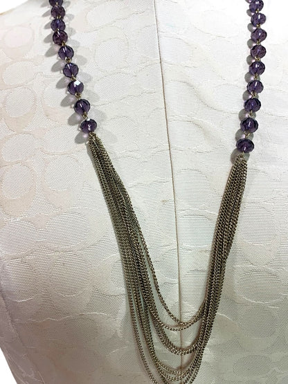 Goldtone Purple Beaded Tiered Necklace Long 32 Inch 5" Drop
