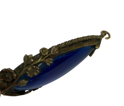 Vintage Statement Pendant Goldtone Floral Setting Blue Acrylic 2.6 Inch Drop