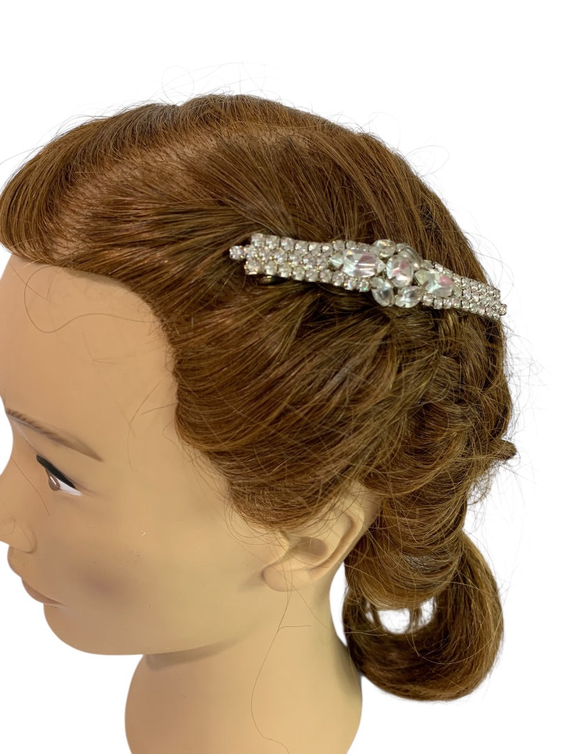 Ornate Rhinestone Barrette 3.5 Inch Vintage Hair Accessory Silvertone