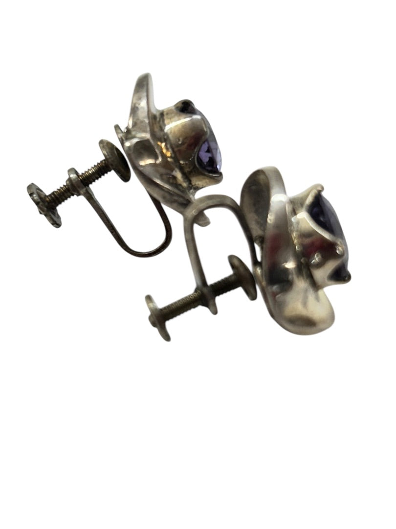 Vintage Silvertone Amethyst Screwback Non-Pierced Earrings .75"