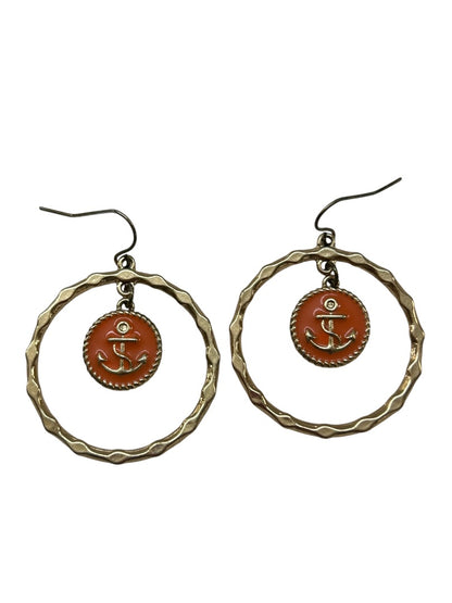 Goldtone Fishhook Pierced Earrings Nautical Anchor Enameled. 1.75" Drop