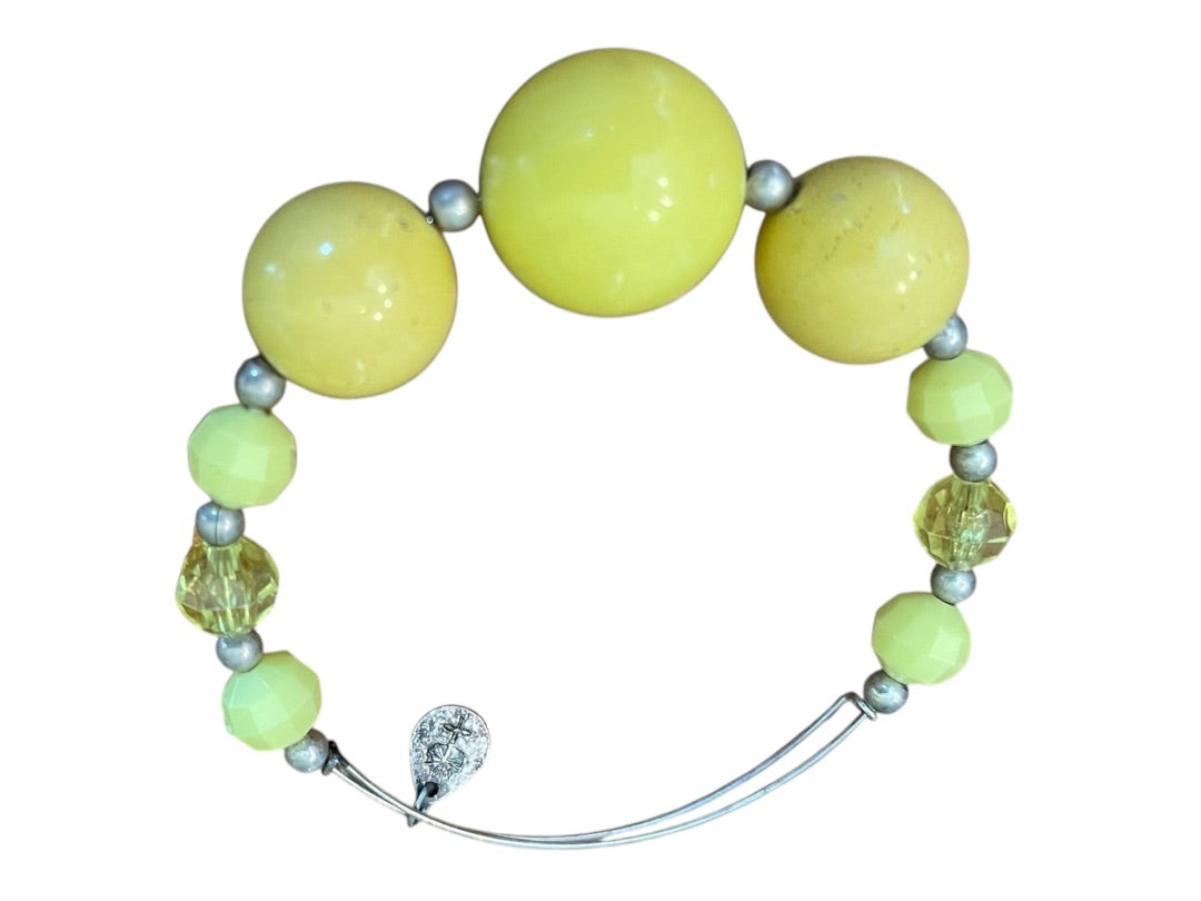 Expandable Wire Bracelet 2003 Beaded Silvertone Bracelet Yellow