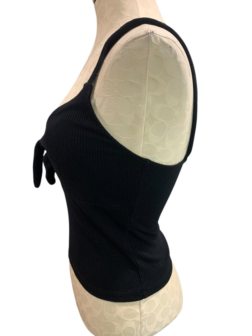 Large Forever 21 Crop Tank Top Shirt Womens Black Ribbed Tie Front