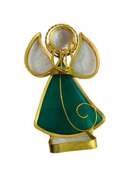 Vintage Tabletop Stained Glass Angels Goldtone Blue Green
