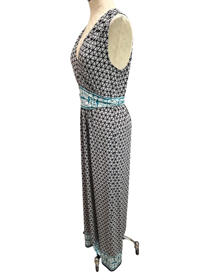Medium Max Studio Sleeveless Print Maxi Dress V-Neck Navy Blue Teal V-Neck