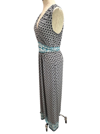 Medium Max Studio Sleeveless Print Maxi Dress V-Neck Navy Blue Teal V-Neck