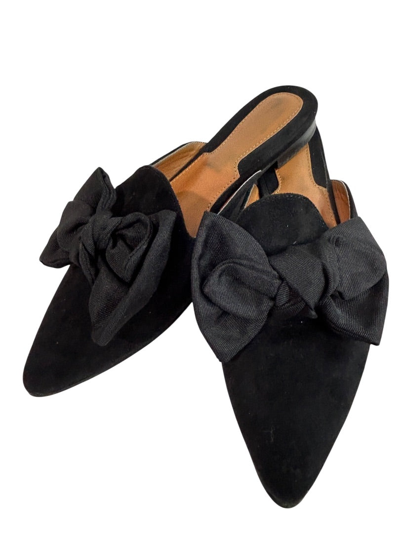 Size 7.5 Womens Faux Suede Black Slip On Shoes Grosgrain Bow Flats