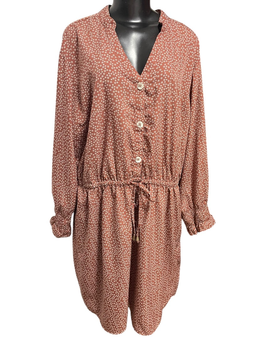 3X Indulge Floral Long Sleeve Tie Waist  Dress Brown Retro