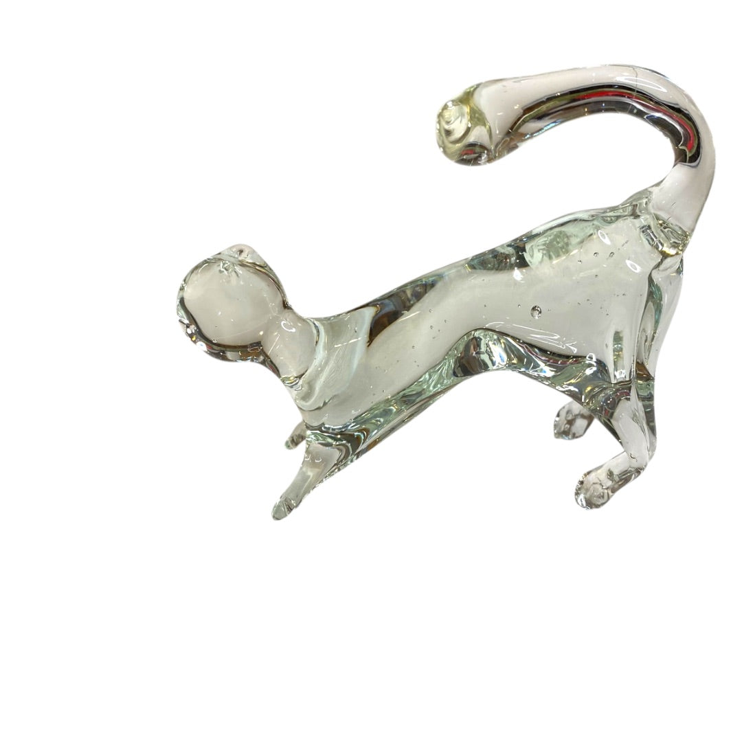 Handblown Glass Clear Cat Stretching 3.5"h x 4.25"l