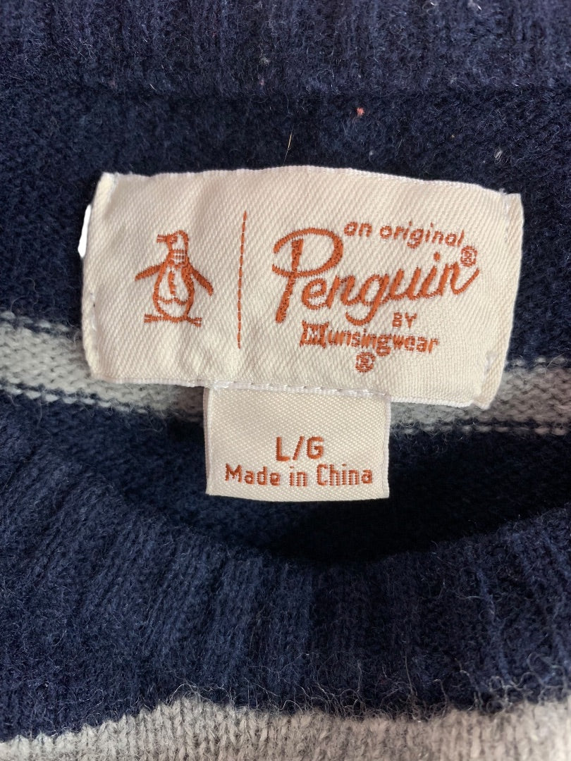 Large Penguin Munsingwear Mens Navy Blue Gray Striped Sweater Wool Blend