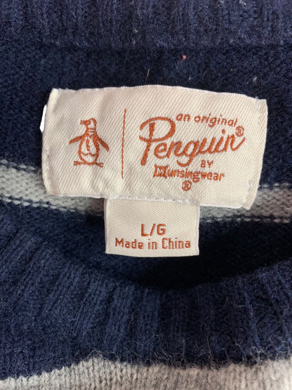 Large Penguin Munsingwear Mens Navy Blue Gray Striped Sweater Wool Blend