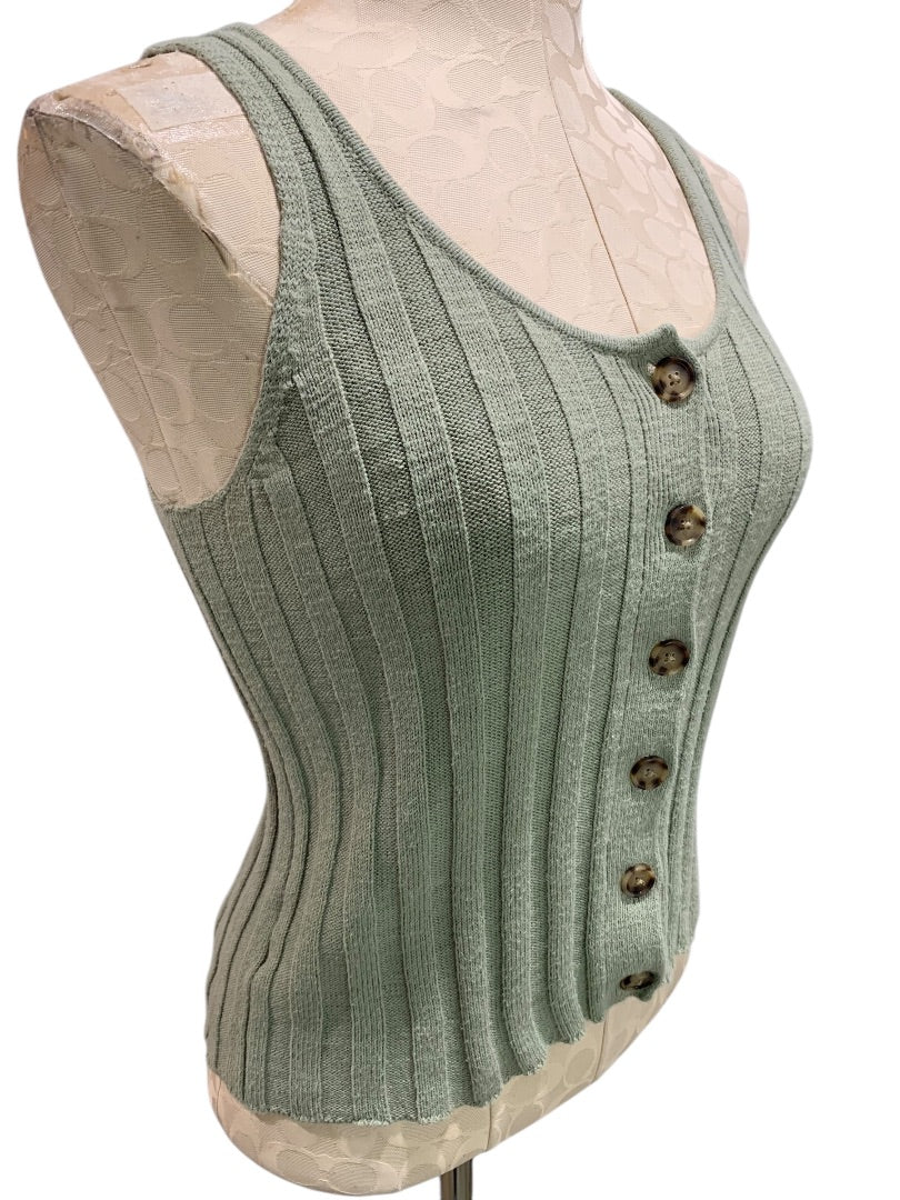XS Loft Womens Sleeveless Ribbed Sweater Button Front Sage Green