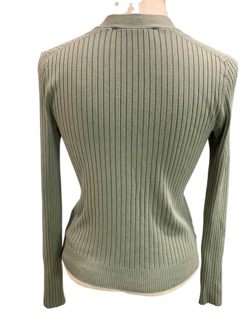 Small Petite Loft Womens V-Neck Sweater Cardigan Sage Green Ribbed