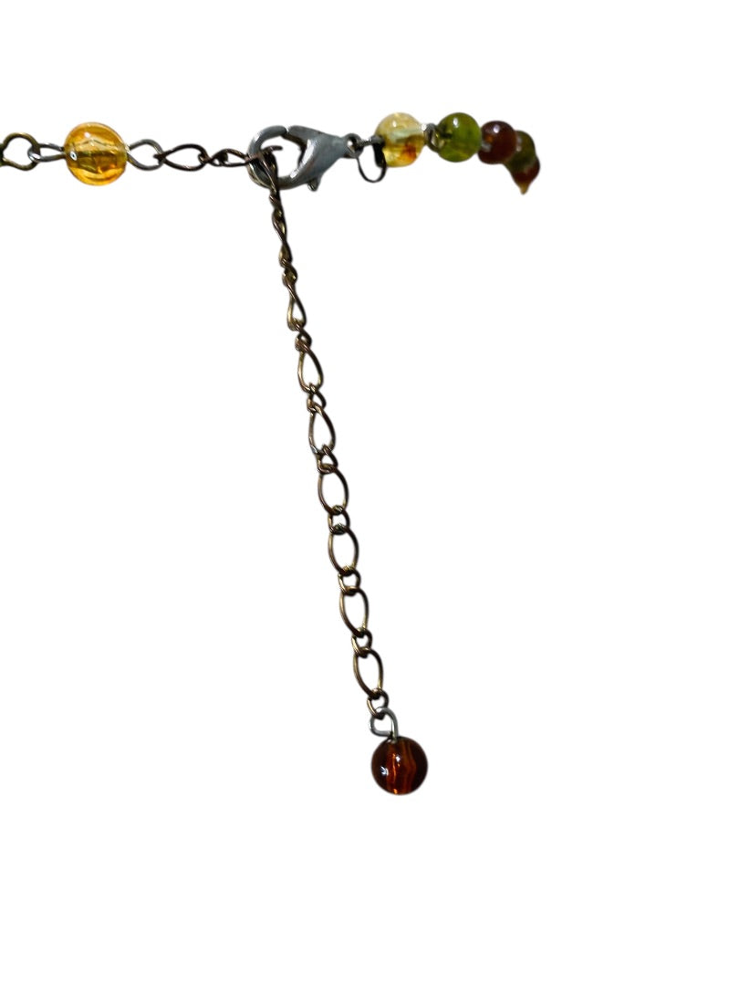 Beaded Silvertone Necklace 20" Amber Green Purple 21" with 2" Drop