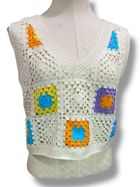 Large Rebellion Again Womens Crochet Granny Square Sweater Vest