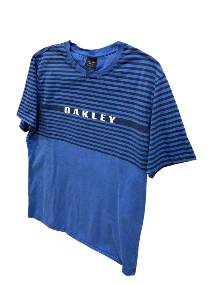 Large Oakley Tshirt Mens Blue Stripes Logo Custom Fit Short Sleeve