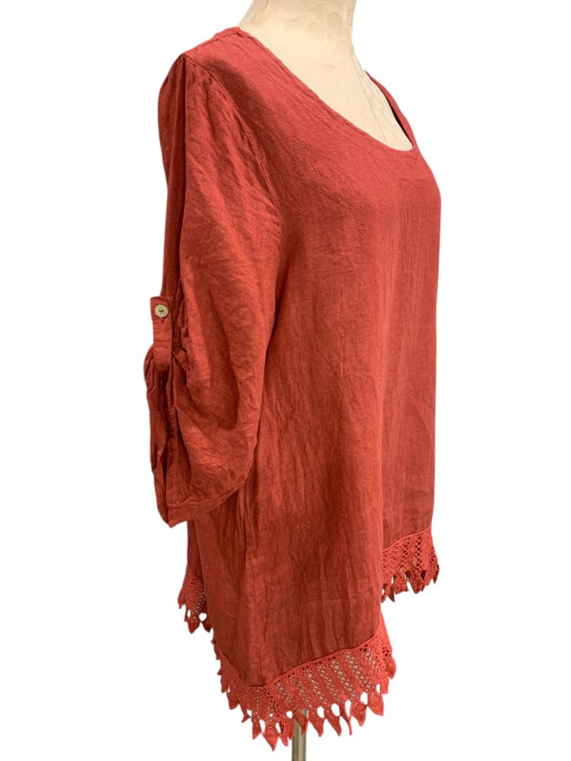 1X Lungo L'arno Womens Crochet Trim Tunic Scoop Neck Roll Tab Sleeve Linen