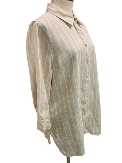 Size XL Chicos Womens Linen Tunic Button Up Blouse Shirt Tan White Stripe