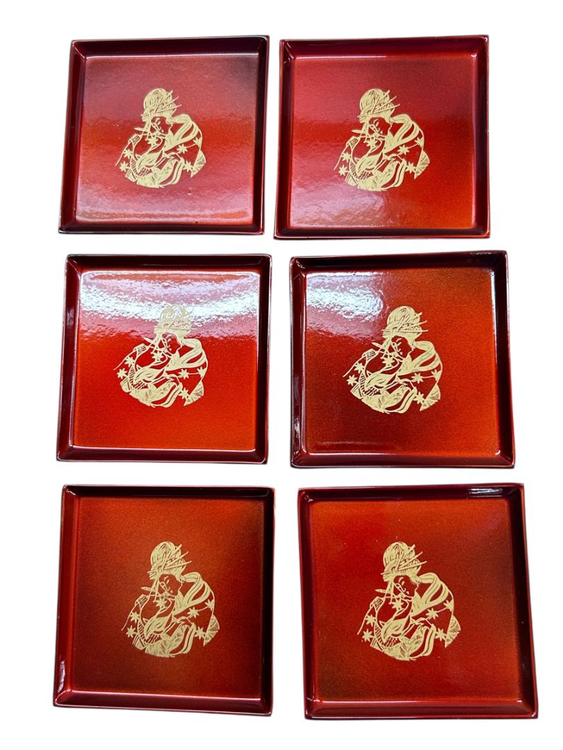 Japanese Lacquerware Box of 6 Coasters Geisha Design 2.8" Square