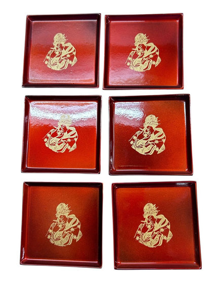 Japanese Lacquerware Box of 6 Coasters Geisha Design 2.8" Square