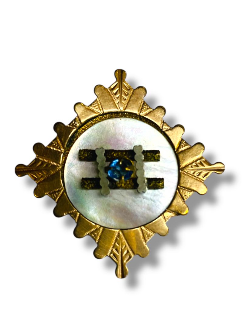 Vintage Metal Pendant Pin Brass Mother of Pearl Dimensional 1.5"
