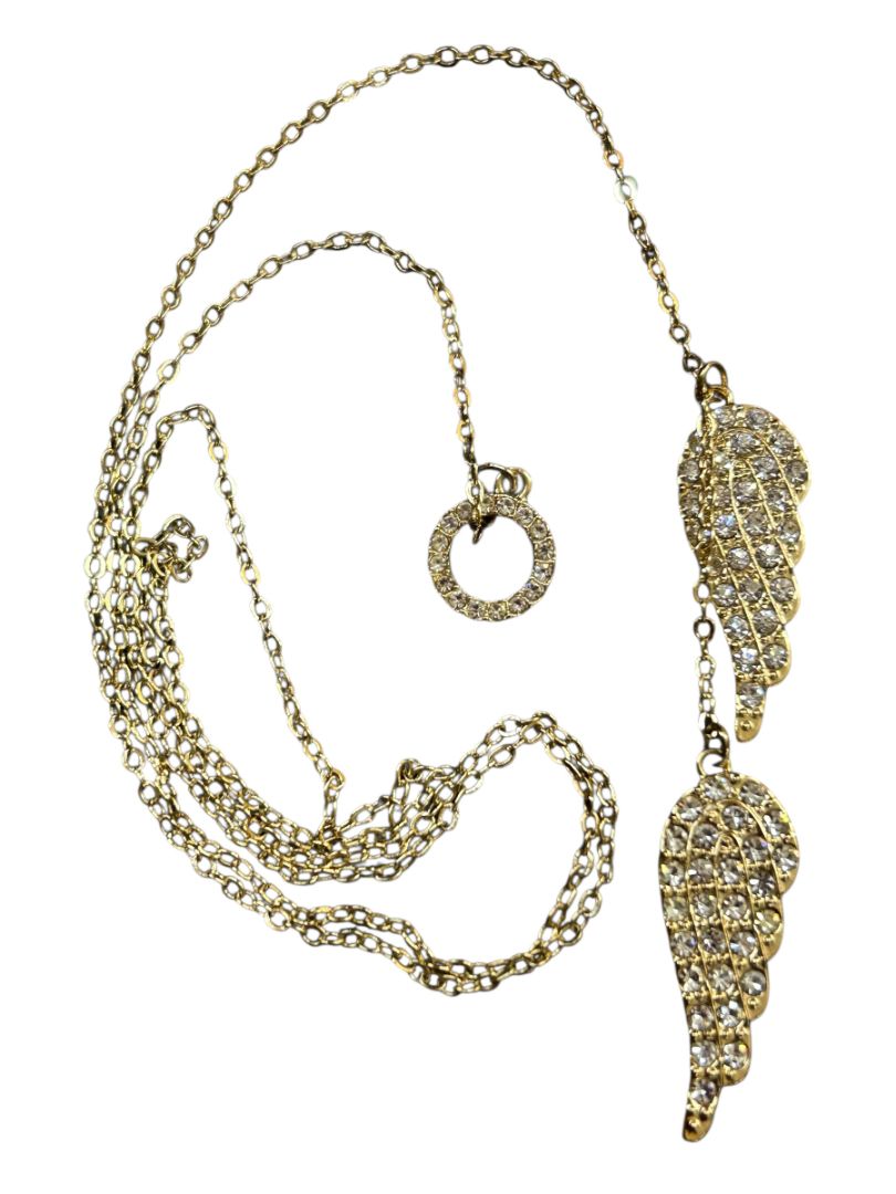 Goldtone Necklace Overhead Adjustable Feathers Rhinestones 26"