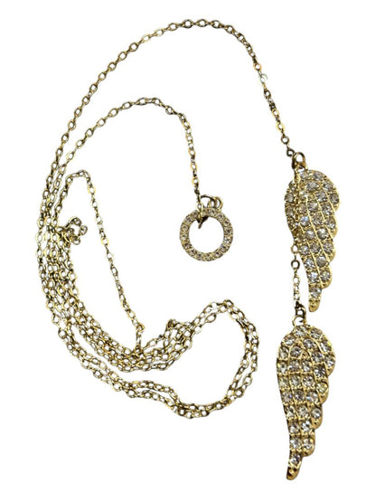 Goldtone Necklace Overhead Adjustable Feathers Rhinestones 26"