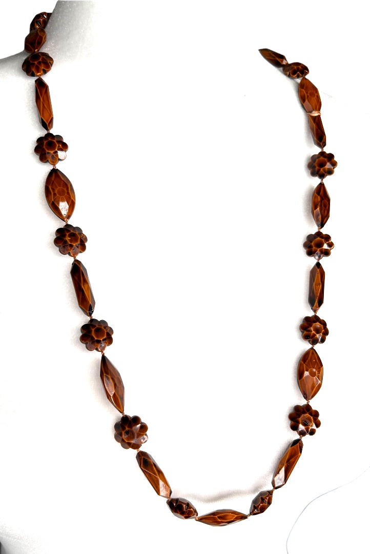 Plastic Wood Look Floral Faceted Beaded Necklace 29" Strand Boho Festival 1970s Vintage