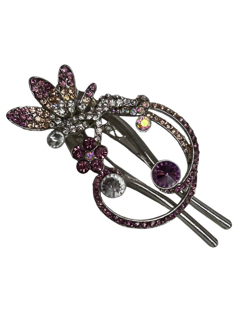 Purple Pink Rhinestone 3.5" Hair Clip Hair Accessory Formal Silvertone