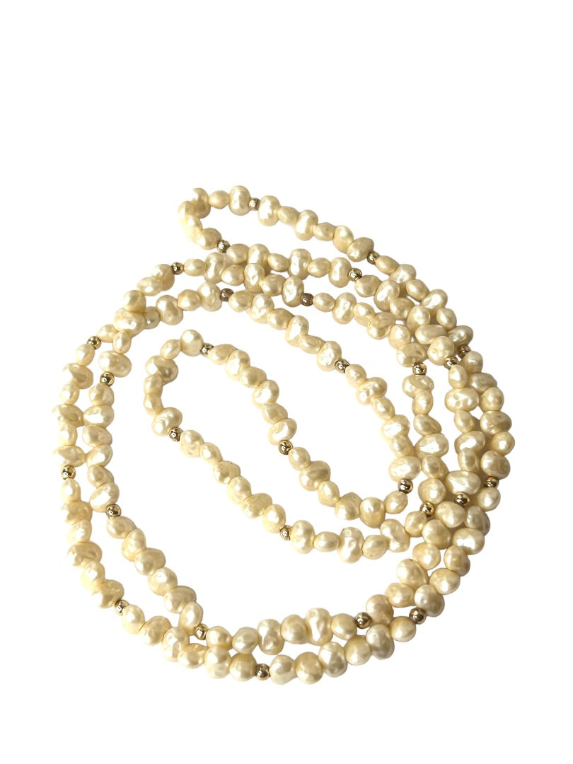 Faux Freshwater Pearl Beaded Necklace 34" Strand String Goldtone Spacers