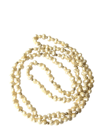 Faux Freshwater Pearl Beaded Necklace 34" Strand String Goldtone Spacers