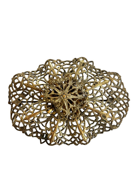 Vintage Oval Lacy Filigree Brass Color Brooch Statement Piece 2" x 2 3/4"