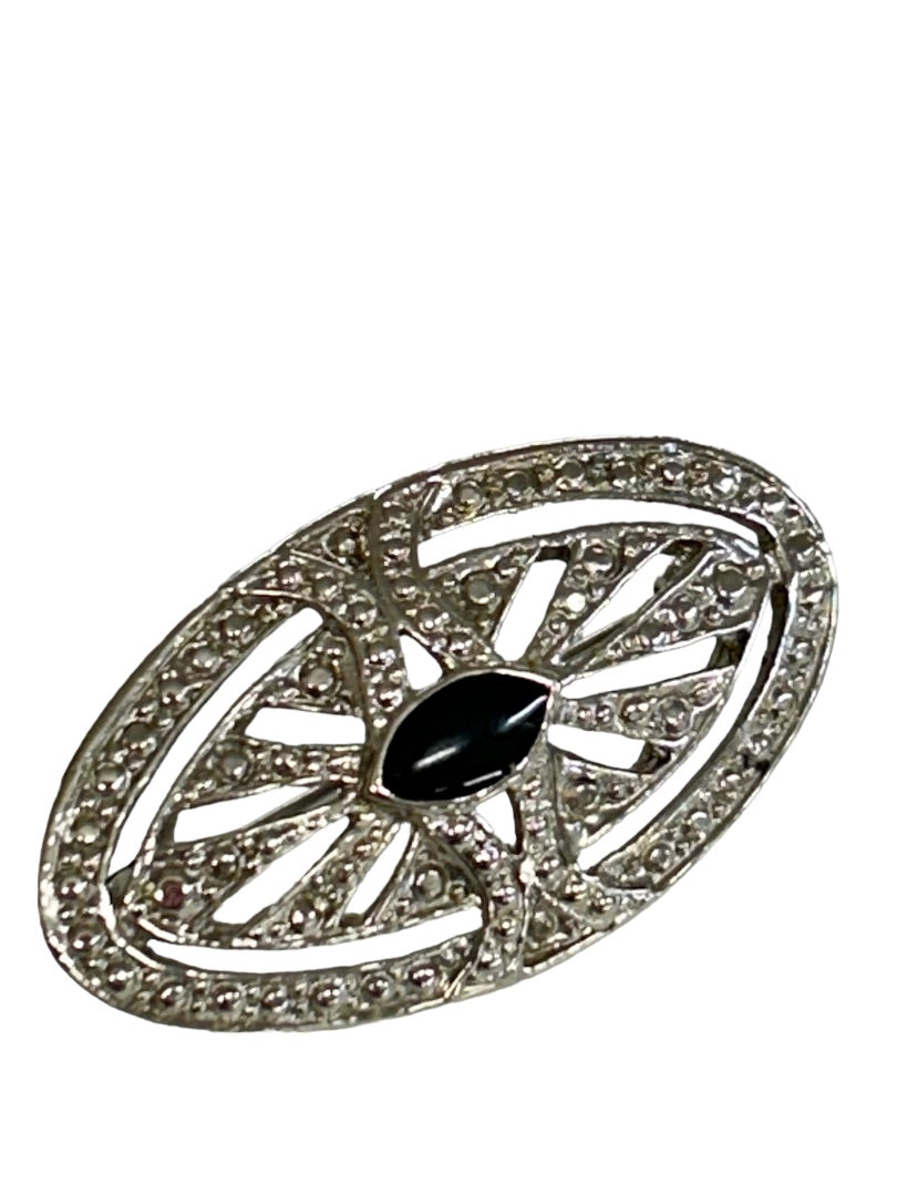 Vintage Silvertone Oval Brooch 1.75" Textured Black Jewel