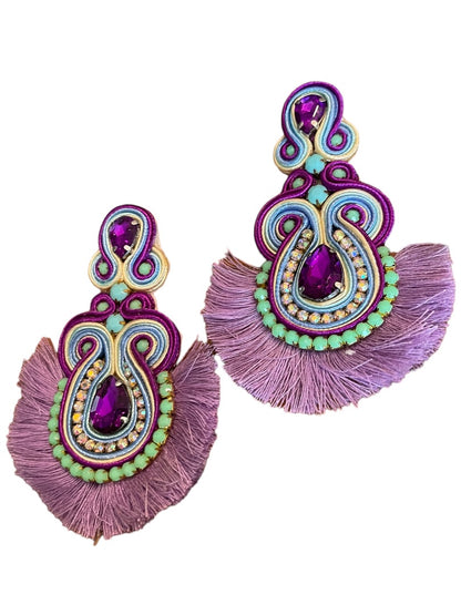 Soutache Post Earrings Purple Teardrops Fringe 4" Drop Dangle Post Pierced