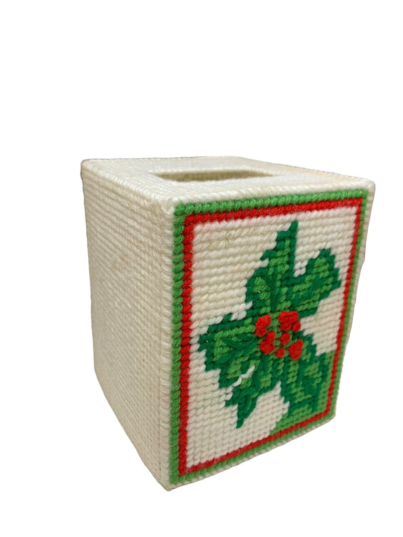 Vintage Cross Stitch Holly Berry Christmas Tissue Box Cover 5.5. x 4.5 x 4.5