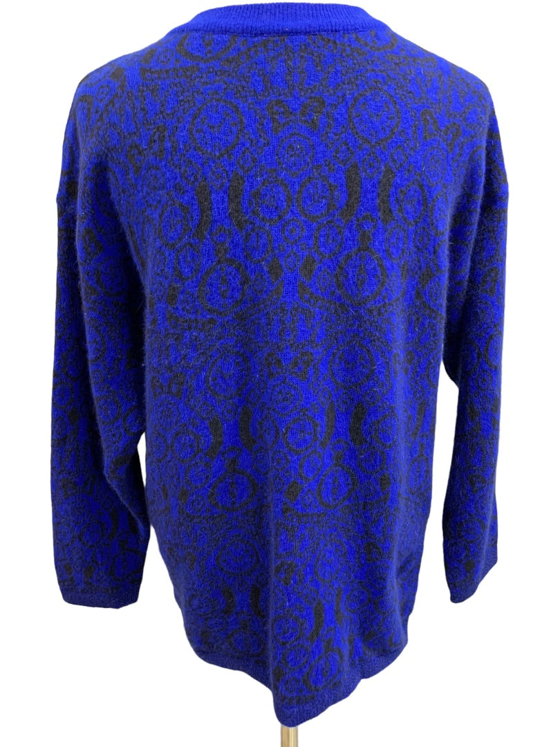 Large Benetton Womens Vintage 1980s Cardigan Sweater Royal Blue Pattern