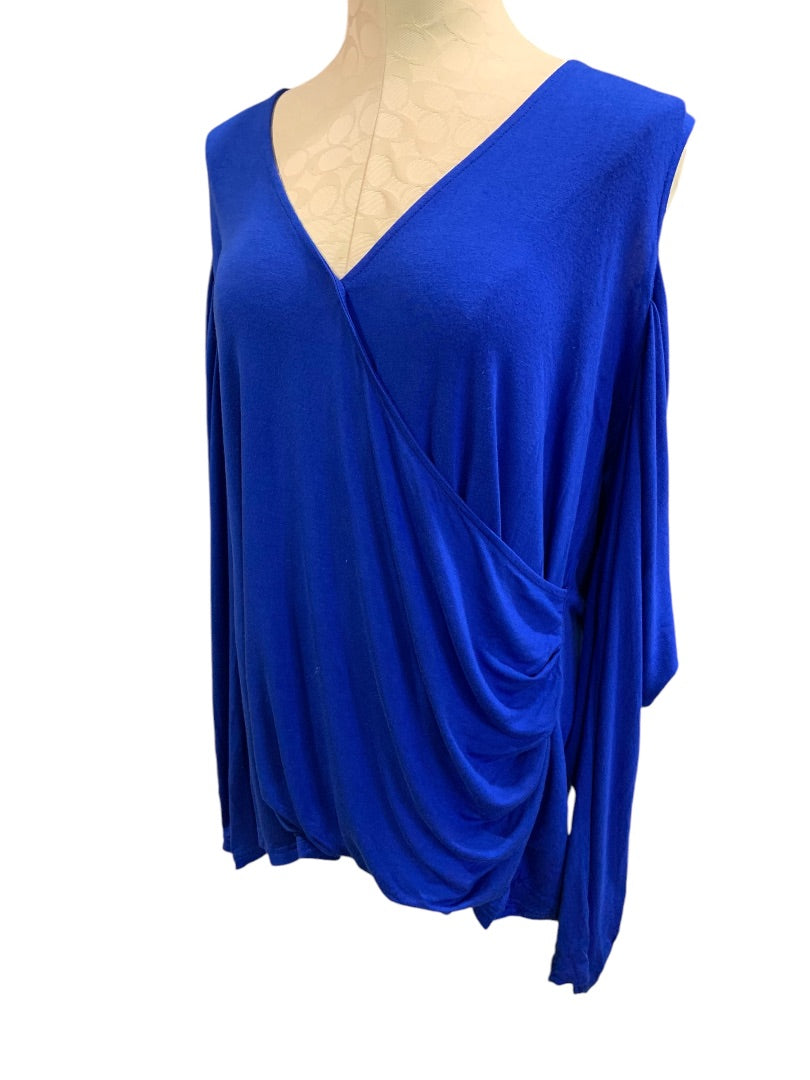 3X Venus Womens Cold Shoulder Faux Wrap Royal Blue Shirt Soft Knit