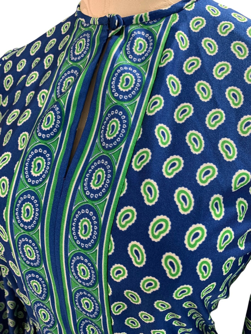 Small 1970s Mod Dress Go Go Blue Green Vintage Midi Mid Calf Union Label