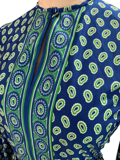 Small 1970s Mod Dress Go Go Blue Green Vintage Midi Mid Calf Union Label