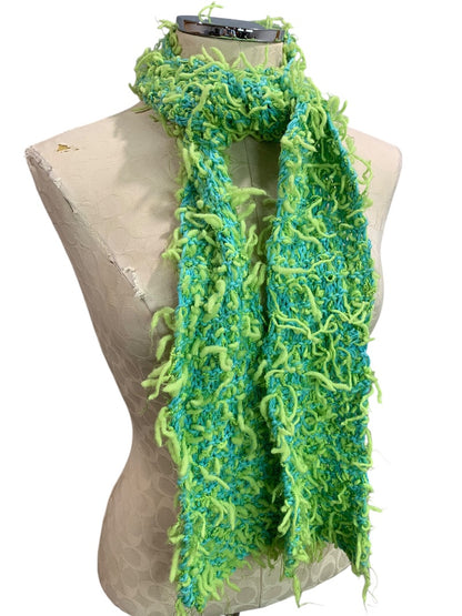 Bright Green Aqua Womens Winter Knit Scarf Shaggy Artsy 59x5 Inches