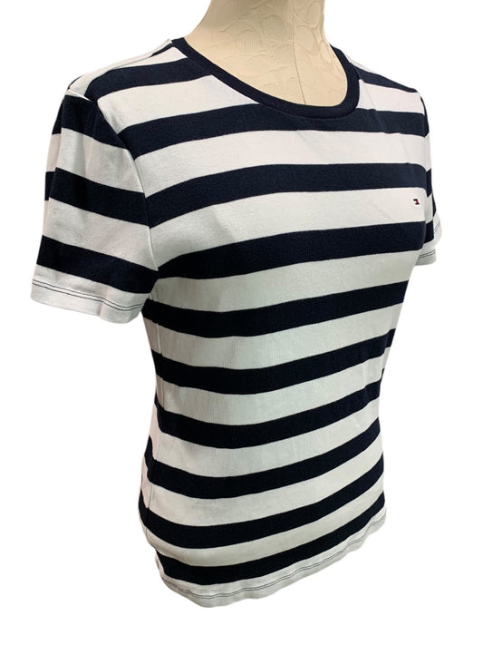 Large Tommy Hilfiger Womens Fitted Navy Blue White Striiped Tshirt