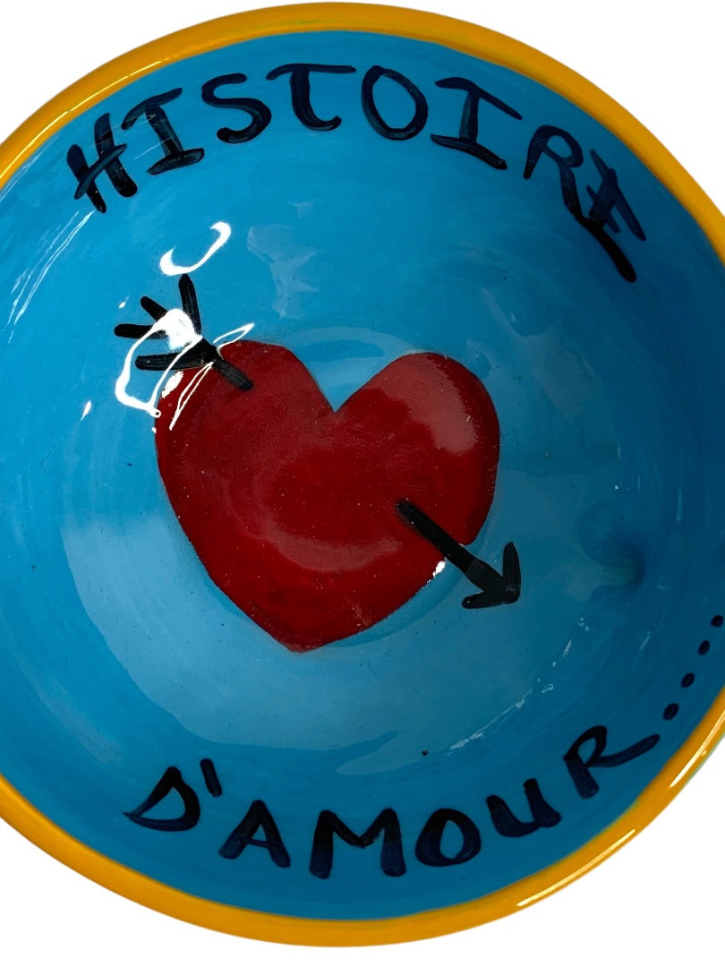 Histoire D'amour Love Story Handpainted Pottery Blue Heart Mug Cappuccino