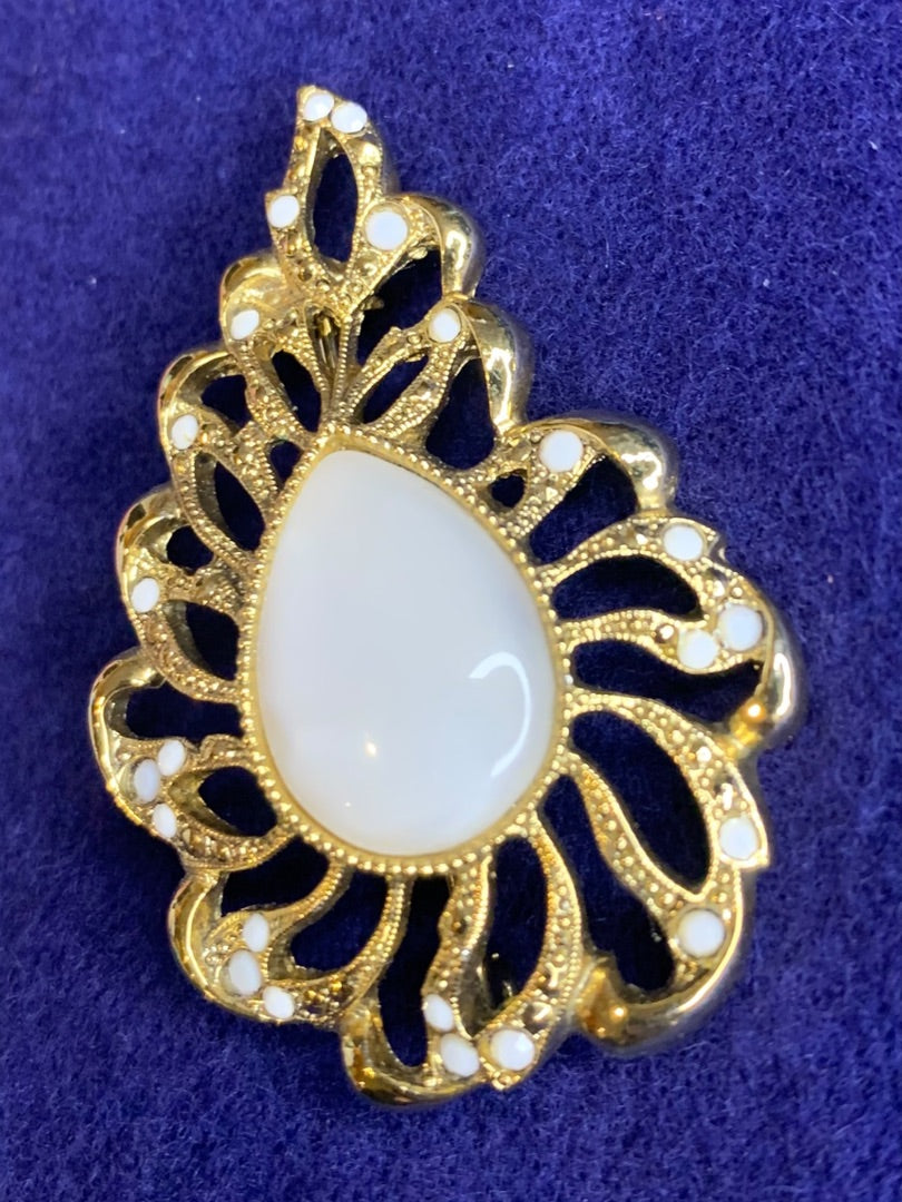 Goldtone Filigree Vintage Brooch White Stone 2.6 Inch