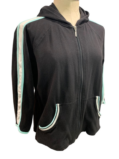 XL Gloria Vanderbilt Sport Womens Black Hoodie Shirt Full Zip Retro Trim