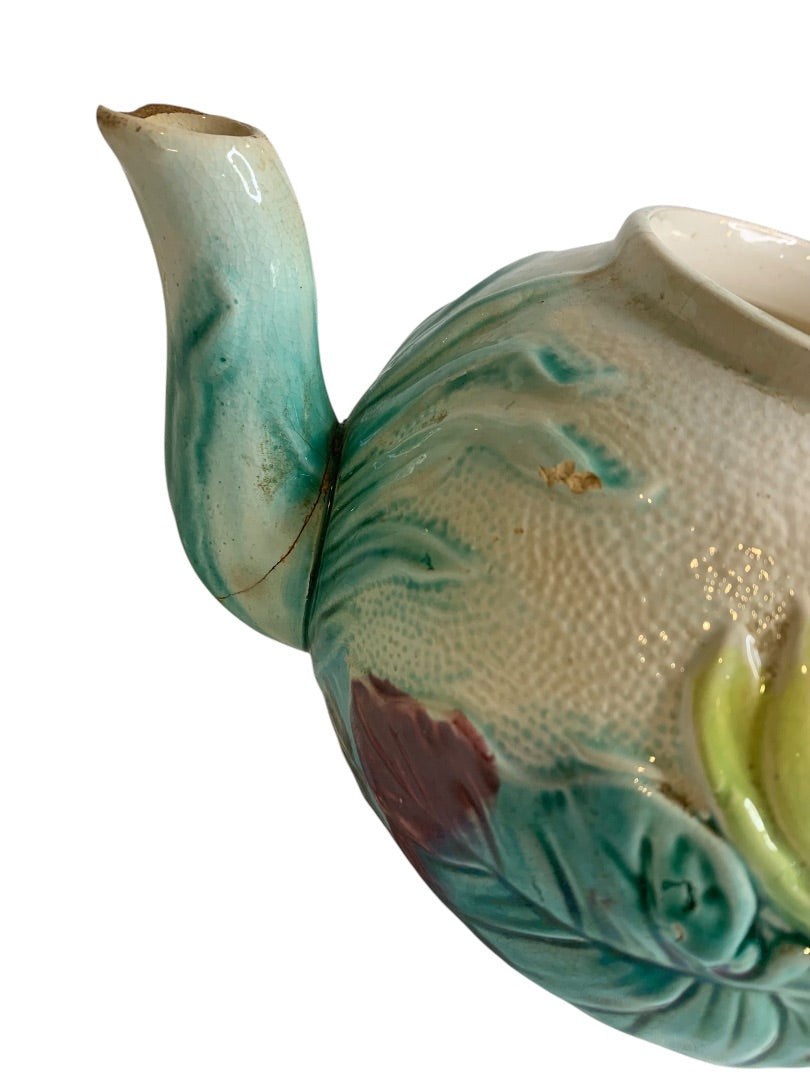 Antique Majolica Water Lily Pond Rope Teapot Pottery 9 Inch