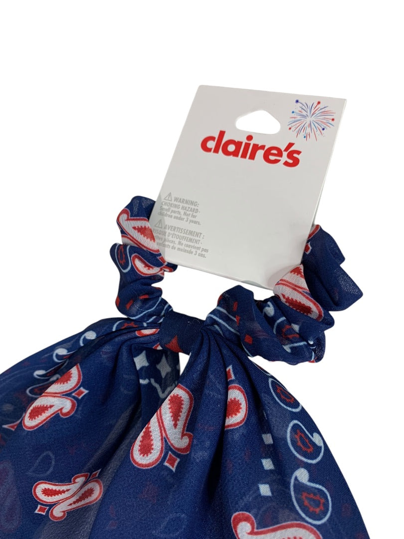 Claires New Hair Elastics Sheer Fabric Cover Train Tail Paisley Navy Blue
