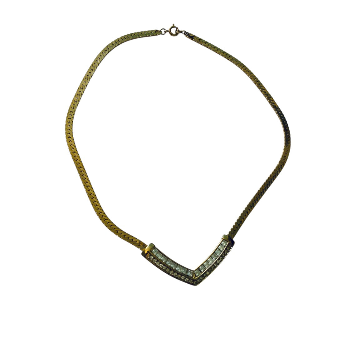 Vintage Signed Trifari Herringbone Necklace Goldtone V Shape Rhinestones 17 Inch Spring Clasp