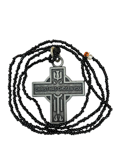 Black 32 Inch Overhead Necklace Pewter Cross Pendant "Christ has Chosen You"