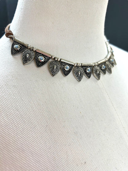 Cord and Metal Southwestern Style Necklace 15.5-18 Inch Silvertone Lobster Clasp