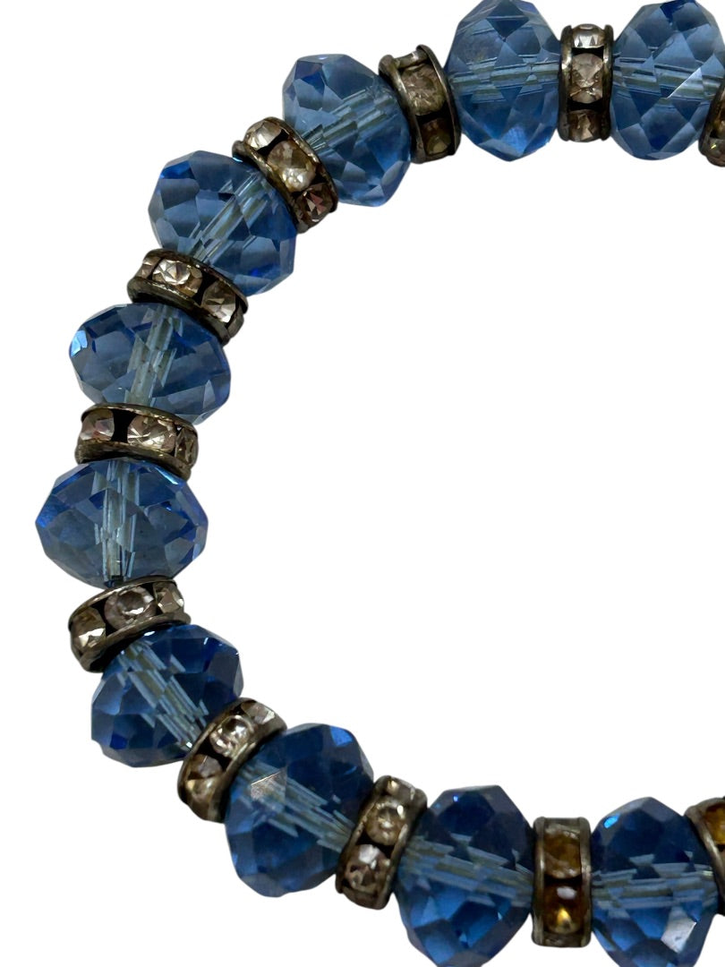 Stretchy Blue Faceted Silvertone Bracelet Sparkly Spacers
